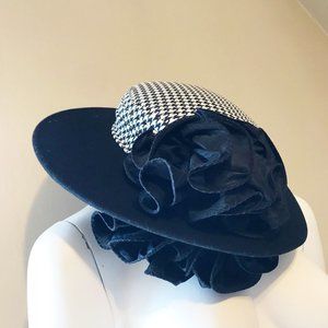 Vtg Lancaster Sonni SF Houndstooth Black Wool Brimmed Ribbon Avante Garde Hat